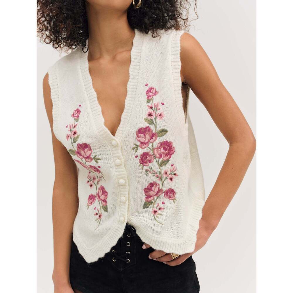 For Love & Lemons Molly Embroidered Sweater Vest XS / Cream